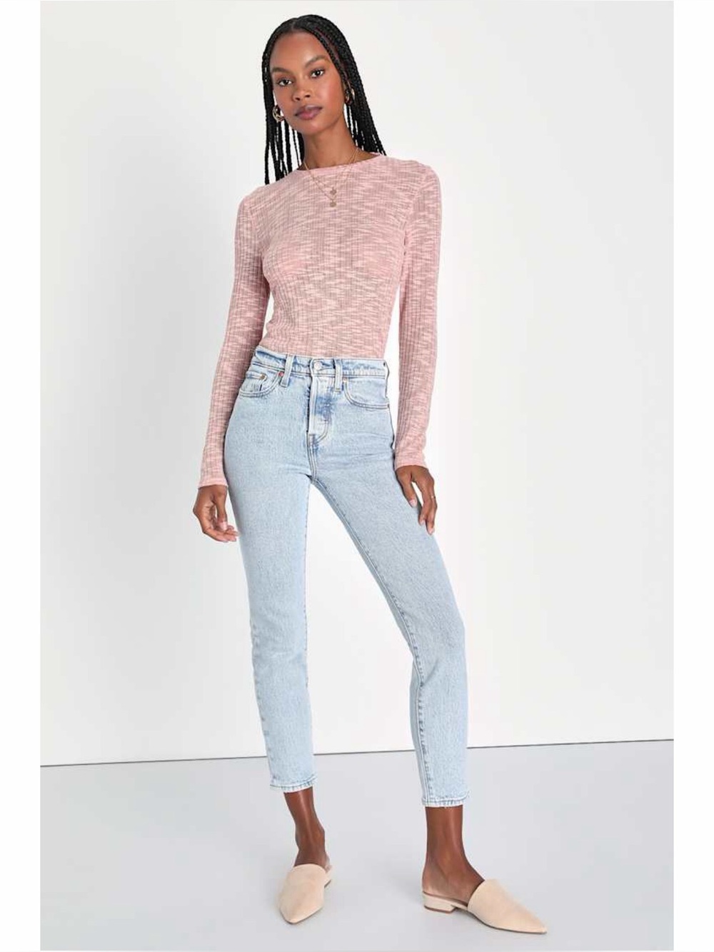 Free People Aura Blush Ribbed Knit Long Sleeve Layering Top